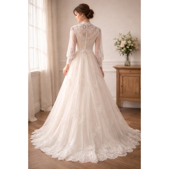Vintage 70s Lace High Neck Sheer Sleeve Prairie Wedding Dress Boho Bridal  Gown